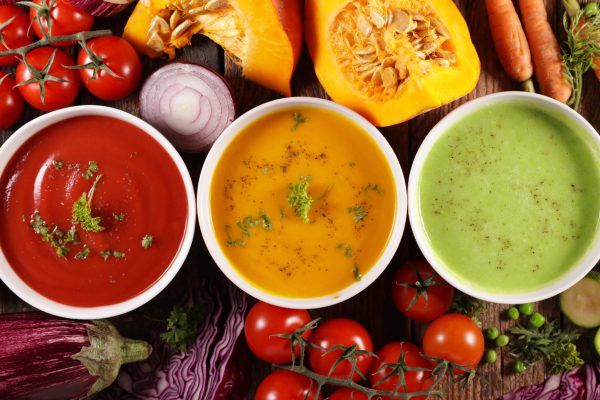 bowl of vegetable cream soup- tomato soup, pumkin or carrot soup, zucchini or spinach soup collection